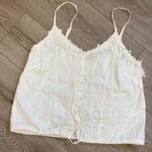 Black Tape Boho Romantic Lace Trim Button-Front Ivory Cotton Cami Top Sz.S